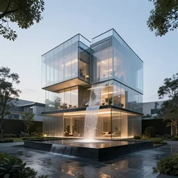 overall architectural design, 2 0 2 2, glassy residential, small waterfall, island, cinematic lighting, high details, realistic, manimalist