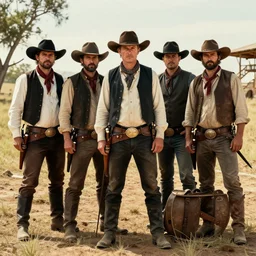 a gang of mercenaries in the wild west, posing for a group photo, cool, stylized, colorized, concept art, key visual