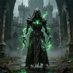 character and environment design, biomechanical arcanist in church on pathway to castle, tattered robe and hood, green lightning, fog, scary, arrogant, hostile, photorealistic, cinematic, hyper realistic, octane render, 8 k, full shot