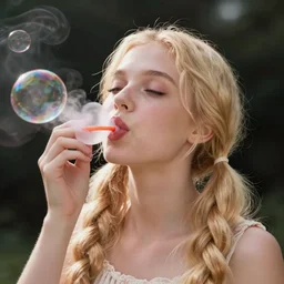 photography of a blonde girl with pigtails blowing a bubble of chewing gum