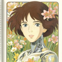 a female cyborg in a field of flowers, finely illustrated face, highly detailed, colored pencil, studio ghibli, tankobon, in the style of ilya kuvshinov and krenz cushart and william - adolphe bouguereau and alphonse mucha