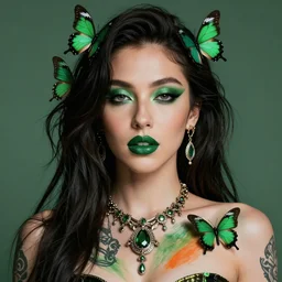 singer Bella Poarch, green lipstick and green eye shadow, artistic fashion beauty shot, detailed, artstation, epic composition, Mandela tattoo on chest with green and orange pigment, beautiful ornate necklace, green butterflies on hair, Photorealistic. 4k, Highly detailed, VRay Rendering, Unreal Engine,