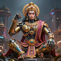 high quality 3 d render colorful deconstructed cyborg! hanuman sitting, gold madhubani, highly detailed, cyberpunk!! mumbai in the background, vray cinematic smooth, blade runner, moody light, low angle, uhd 8 k, sharp focus