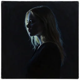 silhouette of a Elle Fanning, pitch black room, extremely detailed masterpiece, oil on canvas, low-key neon lighting, artstation, Blade Runner 2049, Roger Deakin’s cinematography, by Whyn Lewis,