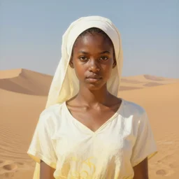 full figure african young girl, luminous scene, by greg rutkowski and alphonse mucha, d & d character, gradient white to gold, in front of a dune desert background, highly detailed portrait, digital painting, artstation, concept art, smooth, sharp focus illustration, artstation hq