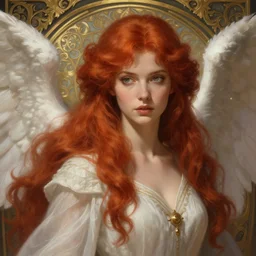 a beautiful red haired woman a an angel, deep focus, d & d, fantasy, intricate, elegant, highly detailed, digital painting, artstation, concept art, matte, sharp focus, illustration, hearthstone, art by artgerm and greg rutkowski and alphonse mucha