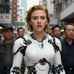 portrait of scarlet johansson in white metallic and robotic cyborg tactical gears, by jan van eyck, kim jung gi, james jean, in the street of neo hong kong, craig mullins