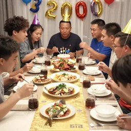 color video footage of the birthday party, eating fishes, 2 0 0 0's