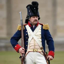 Rat dressed in napoleonic war costume leaning on his musket.