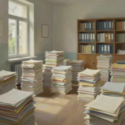 a a huge room with large stacks of paper and files in a painting from stalenhag, 4 k, 8 k, hdr, artstation, concept art