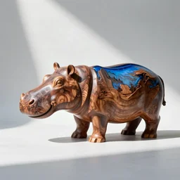 hippopotamus, wood art, blue!!!! epoxy resin, sculpture, wood carving, wood sculpture, wood art, wooden decoration, hand made, wooden hippo, studio lighting, white background