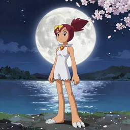 Renamon from Digimon Tamers standing in front of the moon by a shimmering lake, sakura petals around her, moonlight, elegant, nighttime, , stars,