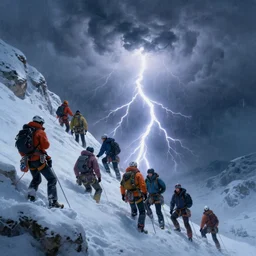 a beautiful painting of group of climbers, extreme cold, storm, octane rendering, volumetric lightning, hyperrealism, no blur, 4 k resolution, ultra detailed, style of john atkinson grimshaw, ivan shishkin, tyler edlin, anato finnstark, edward robert hughes