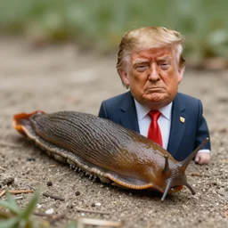 photorealistic photo of a slug that looks like Donald Trump