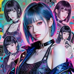 the portrait of an absurdly beautiful, graceful, sophisticated, fashionable cyberpunk gravure idol, an ultrafine hyperdetailed illustration by kim jung gi, irakli nadar, hanna moon, intricate linework, neon colors, collage, porcelain skin, unreal engine 5 highly rendered, global illumination, radiant light, detailed and intricate environment