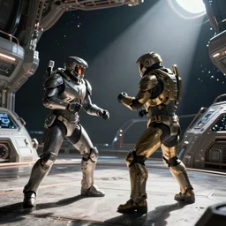photograph of sci-fi armored cosplay combat in space-station arena by Roger Deakins