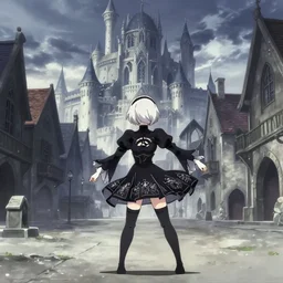 anime frames, anime visual, full body portrait of a young woman in the medieval city square looking at the fantasy palace in the distance, cute face by ilya kuvshinov, nier, dynamic pose, dynamic perspective, rounded eyes, moody, psycho pass, kyoani, yoh yoshinari