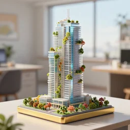 3 d printed physical model organic including more than one city into one vertical building model that sits on a table in a room with a view back with a golden rim details in the base, multiple stories, transparent, with vegetation, colorful, eye - level view, looking straigh ahead, 8 0 k, octane render, highly detailed 3 d render,