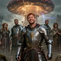 ( ( ( laughing ) ) ) ( ( ( ( copper haired chris hemsworth ) ) ) ) as destruction from sandman looking like kristofer hivju!!, medival armour!!, by jeremy mann, by frank moth, jeff easley, alphonse mucha, dave mckean, mushroom cloud in the bg, soft lightning, high detailed, 8 k