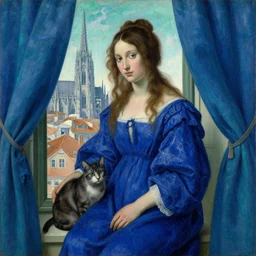 portrait of woman in night gown with cat with city with gothic cathedral seen from a window frame with curtains. lapis - lazuli, malacchite, turquoise, indigo. piero della francesca, bonnard, henri de toulouse - lautrec, utamaro, matisse, monet, audubon