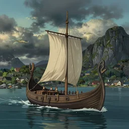 A large viking ship in a norwegian fjord, By studio Ghibli, Artstation, Pixiv