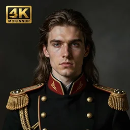 realistic portrait of a young handsome war general in his black uniform, long hair, greg rutkowski, seb mckinnon, matte painting, delicate, facing the camera, mysterious, hyper realism, 1 4 5 0, ink, ultra realistic, 8 k