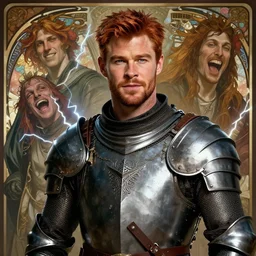 stunning portrait of ( ( red haired chris hemsworth ) ) as destruction from sandman looking like kristofer hivju, medival armour, by frank moth, by jeremy mann, by alphonse mucha, dave mckean, laugthing, soft lightning, high detailed, 8 k
