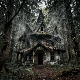 abandoned witch cabin in a middle of a dark forest covered by huge cobwebs, hyperdetailed, artstation, cgsociety, 8 k