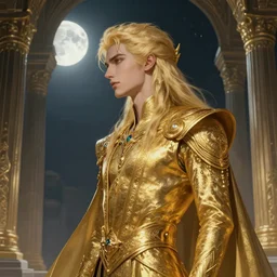 portrait of blonde male as azazel, gold clothes, in the temple of heaven, profile, moon light, sci - fi and fantasy, intricate and very very beautiful and elegant, highly detailed, digital painting, artstation, concept art, smooth and sharp focus, illustration, art by tian zi and wlop and alphonse mucha