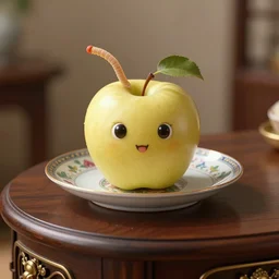 digital art, eye level wide angle view ( golden delicious ) apple is on small intricately designed china serving dish. the dish is on top of expensive end table, the apple has a cute worm pokes its head out, superior detail, bokeh, digital art, hq 8 k 4 k, product lighting, studio lighting, digital art.