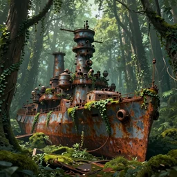 rusty warship dreadnought shipwreck in a lush forest, sci-fi, ivy, moss, trending on artstation, concept art by Greg Rutkowski and Sebastian Luca, global illumination