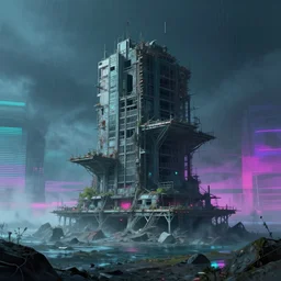 unfinished building by stanley spencer, nature tundra rainforest water vaporwave bladerunner 2 0 4 9 scumm bar retrowave sea nightvision synthwave cgsociety dieselpunk, archdaily, wallpaper, highly detailed, trending on artstation.