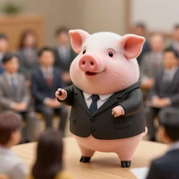 a miniature pig in a suit giving a speech in front of a crowd of people