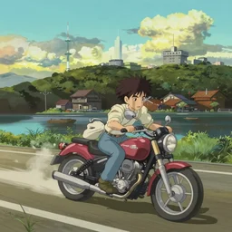 Axopar 37 going full speed in front of shoreline city in anime cyberpunk style by Hayao Miyazaki