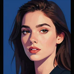 a woman's face with a blue background, vector art by tom whalen, featured on behance, pixel art, flat shading, black background, character