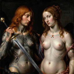 hyper detailed perfect renaissance painting of ada and eve covered in dark tattoos on chest neck and face, posing with broadsword, intricate photo realistic faces, art by michaelangelo and rembrandt, post - processed, taste of horror