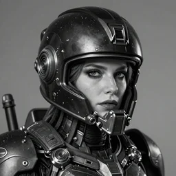 portrait photo of russian gorgeous woman in mecha black helmet, by annie leibovitz, black & white, ultra realistic, concept art, intricate details, highly detailed, photorealistic, octane render, 8 k, unreal engine