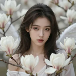 character concept art of a goddess of magnolias as angelic young female | | seductive - fine - face, pretty face, key visual, realistic shaded perfect face, fine details by stanley artgerm lau, wlop, rossdraws, james jean, andrei riabovitchev, marc simonetti, and sakimichan, trending on artstation