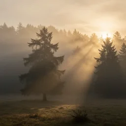 foggy woods at golden hour, early in the morning, painting by Caspar David Friedrich