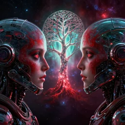 symmetrical extreme closeup portrait mass effect chrome robot reflection glass astronaut looking at a glowing tree of life, weird, creepy, quiet, red color scheme, andromeda krogan nebula aurora, bioluminance alena aenami artworks in 4 kby, moebius!! dan mumford thomas kinkade