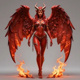 full length complex 3 d hyper realistic smooth ultra sharp render of a gorgeous!! fiery chained red skinned demoness viking warrior bikini | goddess of beauty, fallen angel, medieval, fantasy | high detail, 4 k, hd, symmetrical, proportional, cinematic, epic scene, beautiful, octane render | art by oh jinwook + 吵 集 仁 儿 on artstaion + takeshi obata + alphonse mucha + jim lee + ron muek
