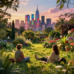 pov, relaxing in the cozy meadow, nostalgic botanical gardens, stained glass skyscrapers horizon city, beautiful saturation, weak zoom blur, gradient aperture, warm dappled lighting, global illumination, style of albert bierstadt