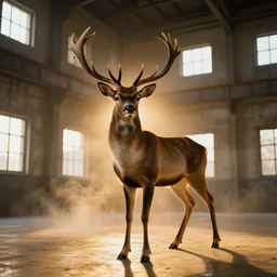 a great 4 legged deer standing majestic in a large industrial room with small windows, golden light, smoke effect on the floor, backlit, insane details, hyperrealistic photo by jimmy nelson, trending on artstation