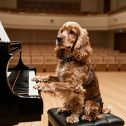 a photorealistic image of cocker spaniel in tailcoat playing piano in the empty concert hall