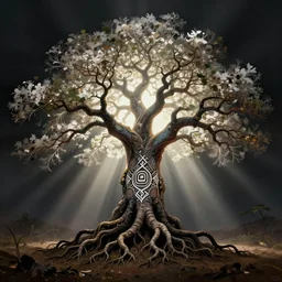 a beautiful painted ayahuma tree with dark roots and white light in the branches, centered in the middle of the picture, god rays, shamanism, matte painting, fantasy art, ayahuasca