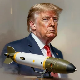photorealistic portrait photograph of donald trump!! with a nuclear missile, handsome, depth of field, soft focus, highly detailed, intricate, realistic, national geographic cover, soft glow, textured, artstation, concept art, sharp focus, illustration, art by artgerm and greg rutkowski and alphonse mucha
