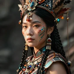 hyper realistic photography portrait of postapocalyptic cyberpunk asian cyborg tribal warrior cinematic, brom, mucha, moebius juan gimenez artstation, cgsociety