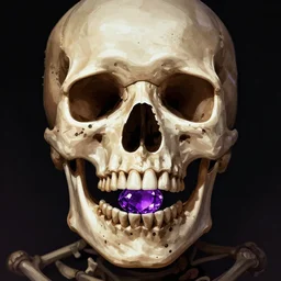 digital art illustration of a skull holding a purple gem in its mouth
