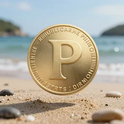 ripple, xrp token floating above a beachfront