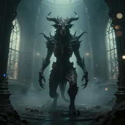 the portrait of dark soul's creature inside the infinite room without doors and windows | pan's labyrinth movie by ridley scott with cinematogrophy of christopher doyle and art direction by hans giger, anamorphic bokeh and lens flares, 8 k, higly detailed masterpiece, cinematic, fog